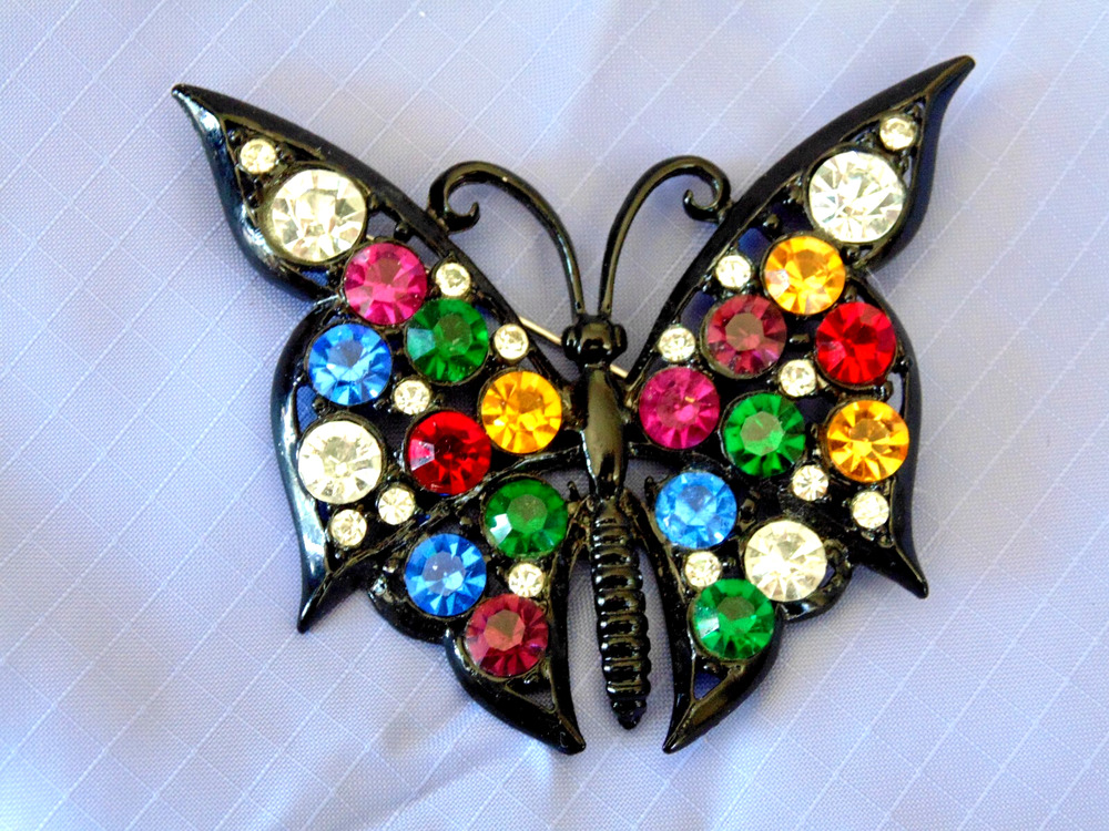 Vtg Rare Black Body Butterfly Brooch Colorful Rhinestone Statement Sparkler Pin